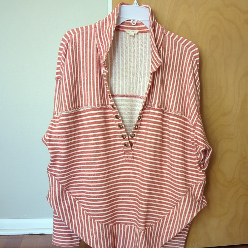 Pilcro Anthropologie Striped Faded Rust/Red and White Midweight Shirt
